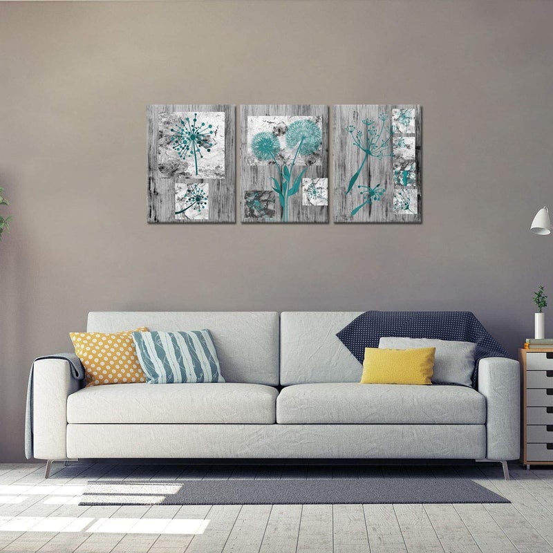 Visual Art Decor Teal Dandelion Flower Painting Rustic Farmhouse Decor Framed Canvas Wall Art Ready to Hang Teal Bathroom Decor 12inchx16inchx3 Pieces - Image 4